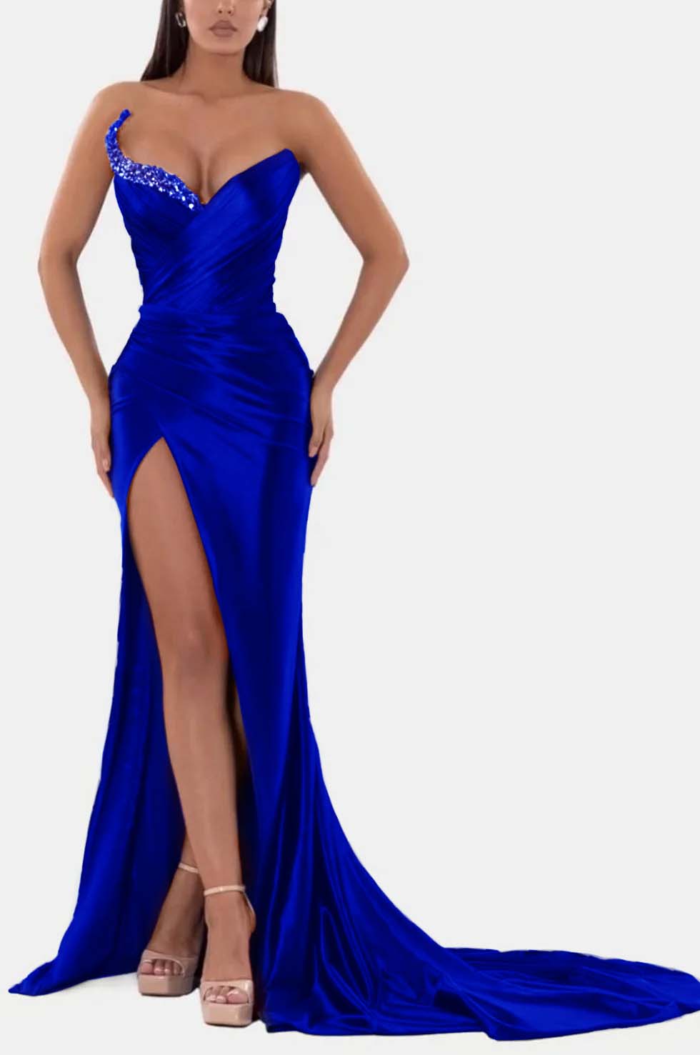 Sexy Royal Blue Prom Dress V Neck With High Slit Pleated Strapless Sleeveless YL0328