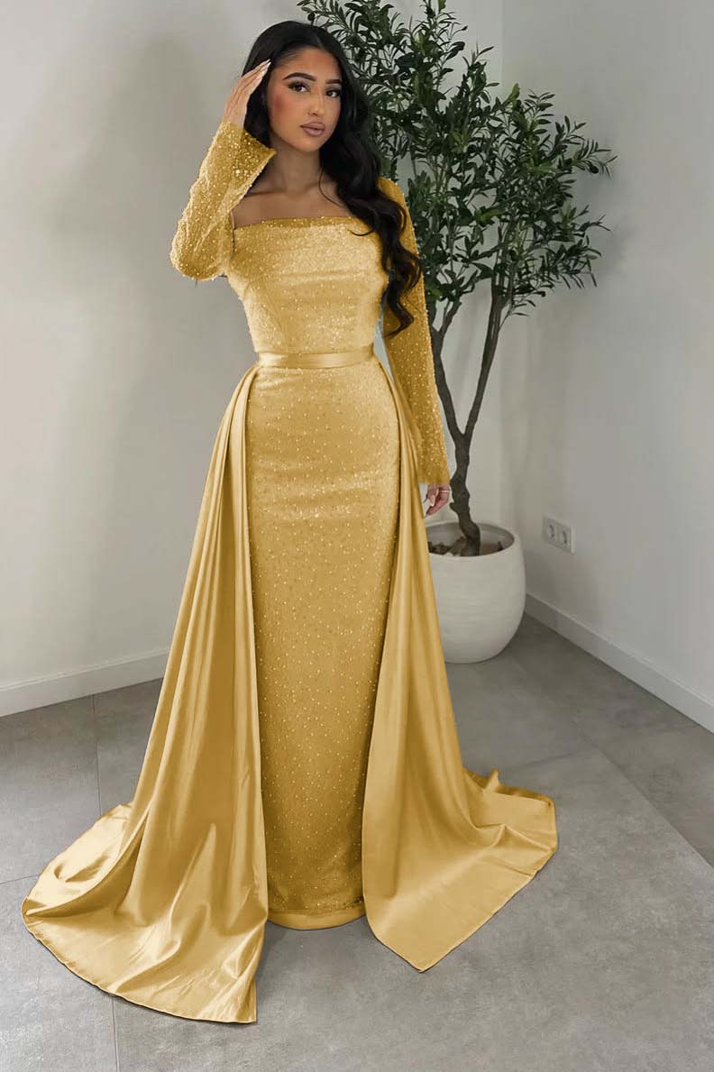 Long Sleeves Square Neck Long Mermaid Prom Dress With Beading HS0005