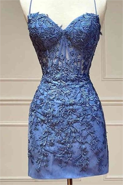 Hellodresses Royal Blue Spaghetti Strap Sleeveless Short Homecoming Dress With Embroidery