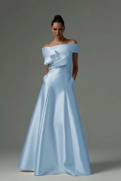 Off the Shoulder Sleeveless Long Prom Dress With Pleated Pocket ZT0773