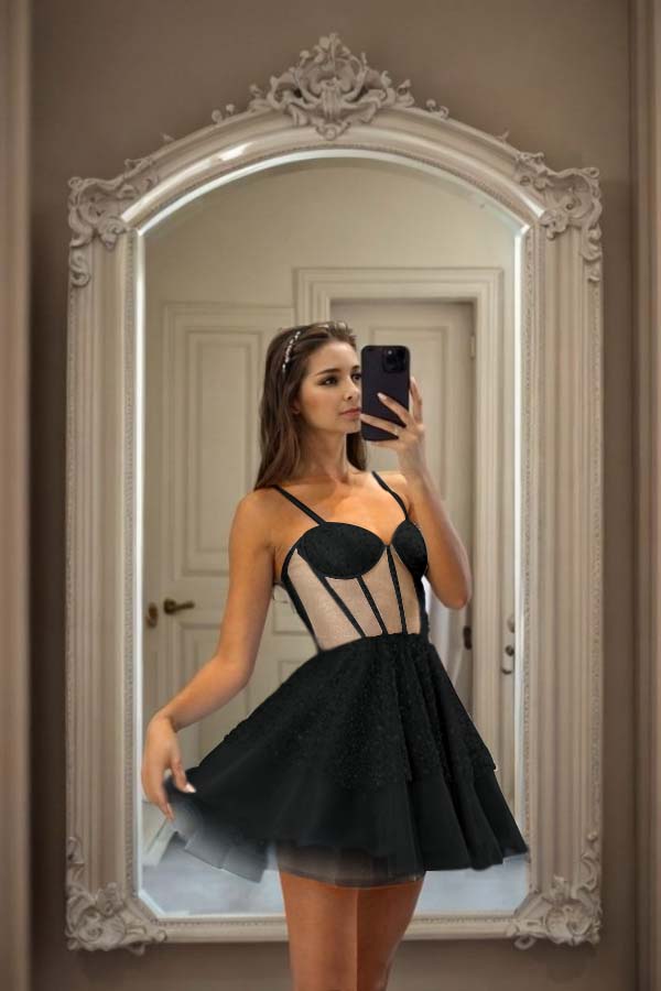 Hellodresses Sky Blue Spaghetti Strap Sweetheart Short Homecoming Dress With Sequins