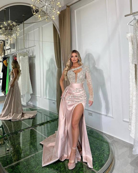 Hellodresses Chic One Shoulder Long Sleeve Pleated Split Prom Dress With Beadings