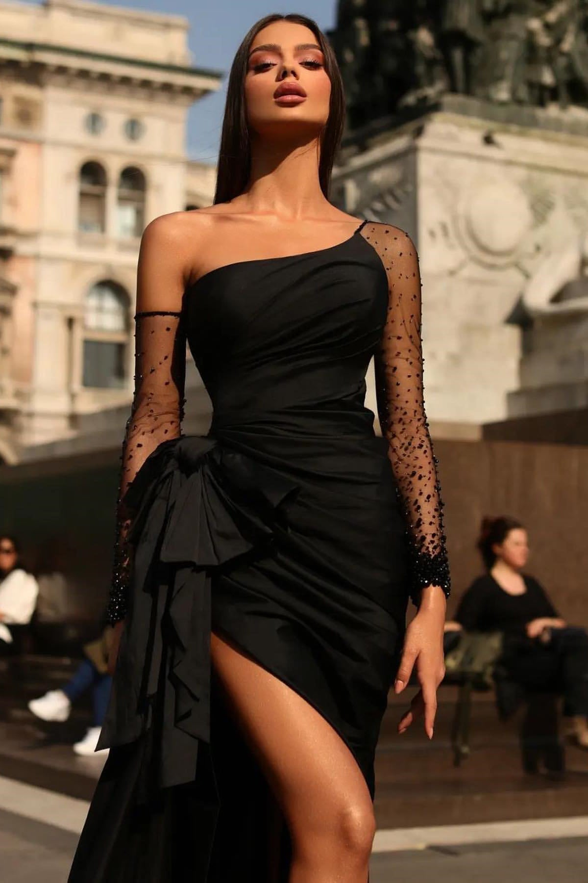 Black Prom Dress Long Sleeves High Slit Tulle One Shoulder Gown With Beads ED0756