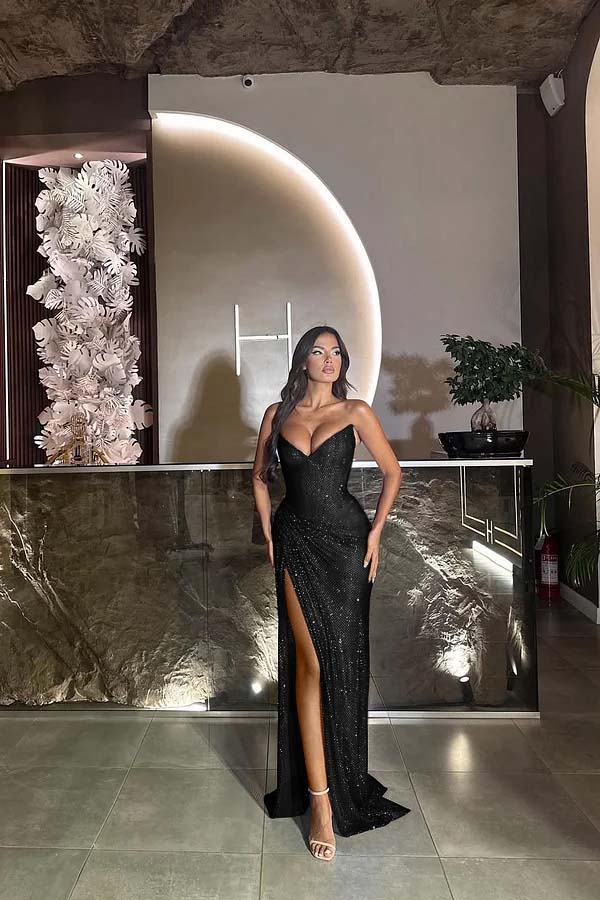 Sequin Strapless Sleeveless Long Split Prom Dress With Pleated ZT0524