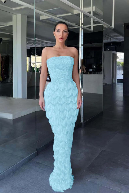 Charming Blue Prom Dress Off-the-Shoulder with Feather Beadings ED0535