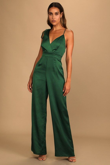 Hellodresses Chic Satin Dark Green Spaghetti Strap Sleeveless V-Neck Wide Leg Jumpsuit