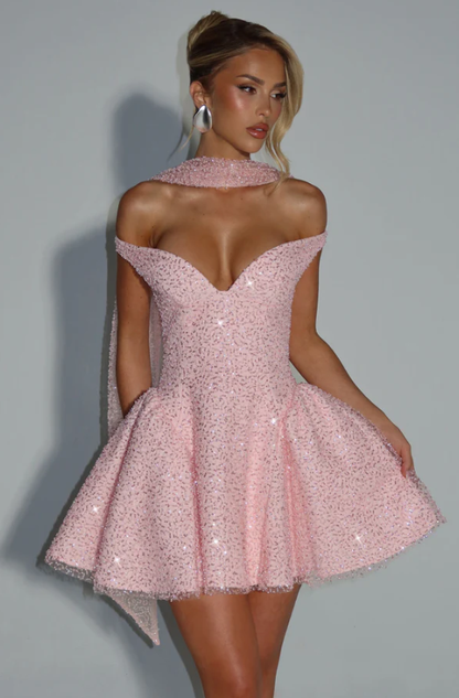 Shinning Pink Off-the-Shoulder Homecoming Dress Mini with Sequins CY0152