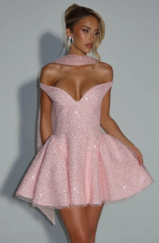 Shinning Pink Off-the-Shoulder Homecoming Dress Mini with Sequins CY0152