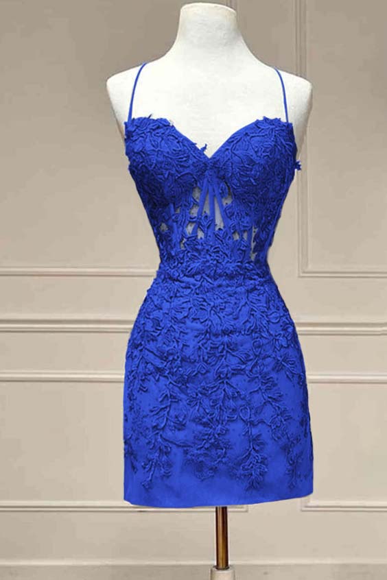 Hellodresses Royal Blue Spaghetti Strap Sleeveless Short Homecoming Dress With Embroidery