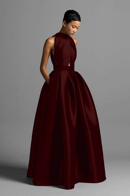 Exquisite Royal Blue Satin Halter Strapless Sleeveless A Line Prom Dress with Pleated | Zelldresses