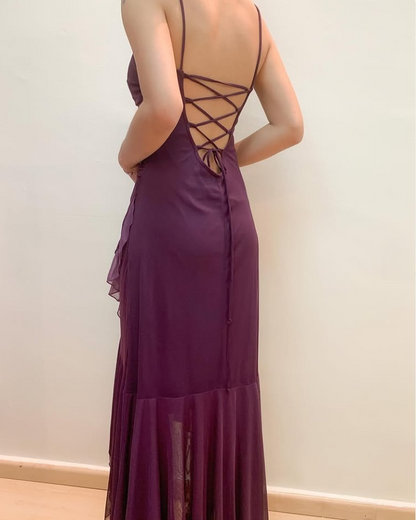 Dark Purple Spaghetti Straps Ruffled Split Prom Dress Long