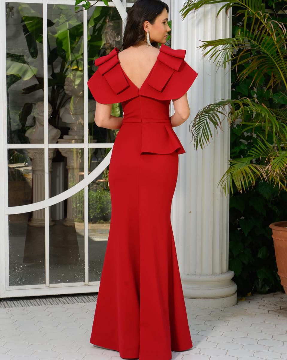 Elegant Red Satin V Neck Short Sleeves Ruffles Split Prom Dress | Zelldresses