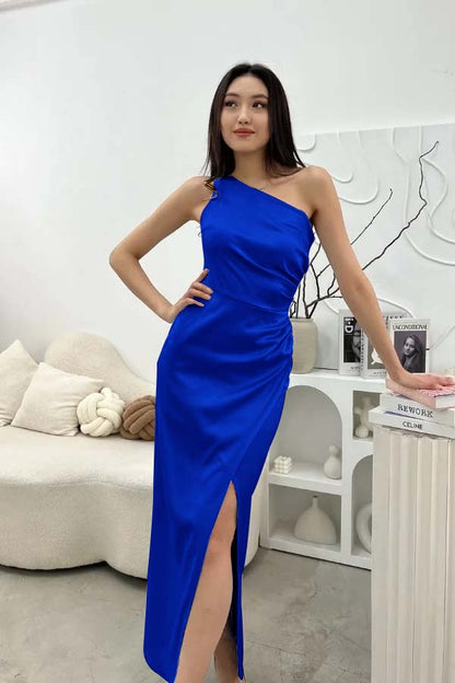 Chic Sleeveless One Shoulder Long Prom Dress With Pleated Split JQ0244