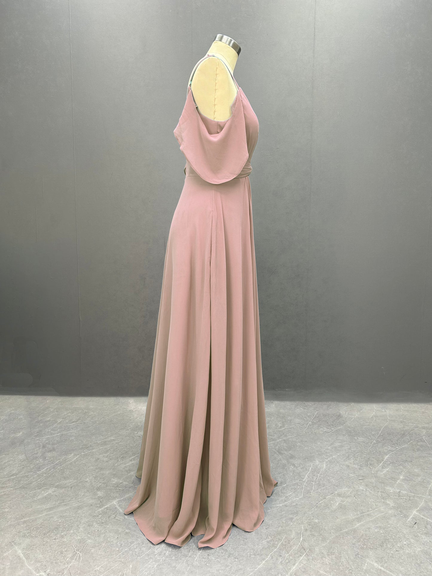 Hellodresses Elegant Spaghetti Straps Off-The-Shoulder Long Pleated Split Chiffon Bridesmaid Dress With Ruffles