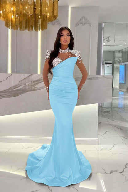Charmeuse Dusty Blue Prom Dress Long Mermaid Tulle With Beadings YL0259