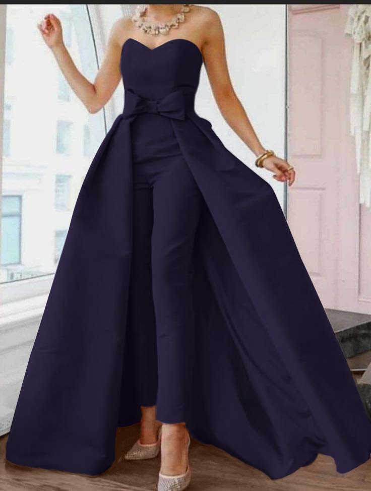 Okdais Pink Jumpsuits Evening Dresses Formal Occasion Dresses Back Sexy Engagement Sweetheart Sleeveless Detachable Bow JP0025