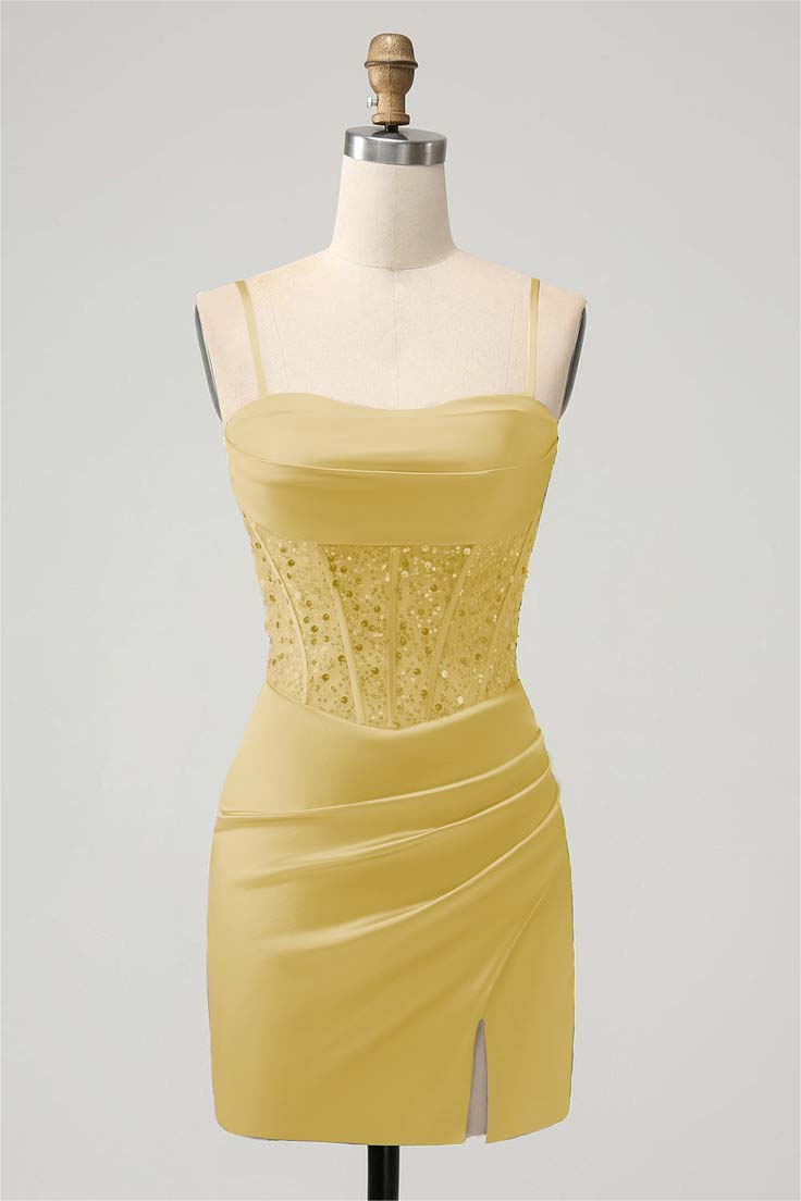 Sage Green Satin Spaghetti Strap Pleated Split Homecoming Dress with Beadings HC0030