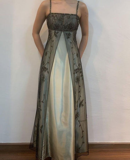 Brown Elegant Fashion Exquisite Spaghetti Strap Long Tulle Ball Gown Evening Dress Party Dress Prom Dress gh3590