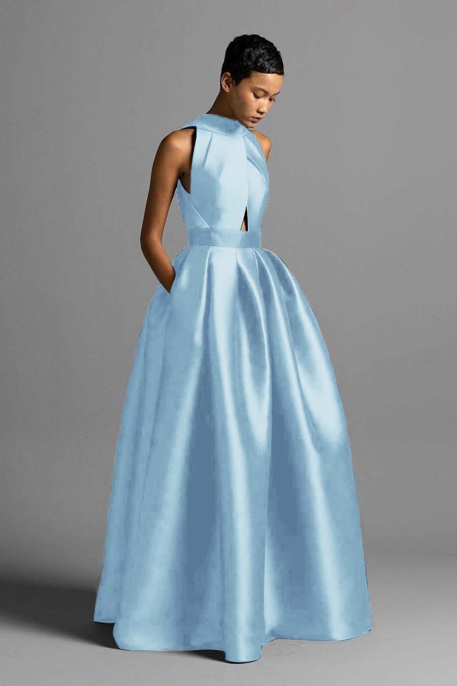 Exquisite Royal Blue Satin Halter Strapless Sleeveless A Line Prom Dress with Pleated | Zelldresses