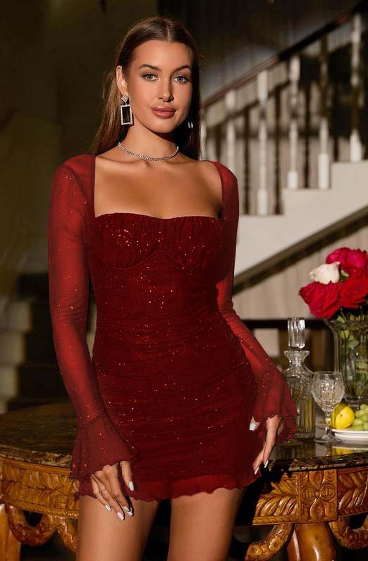 Sequins Long Sleeves Square Short Homecoming Dress With Ruffles HC0145