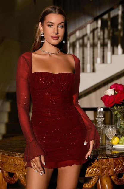 Sequins Long Sleeves Square Short Homecoming Dress With Ruffles HC0145
