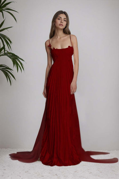 Stunning Spaghetti-Straps Pleated Sheath Appliques Prom Dress With Detachable Train XJ0176