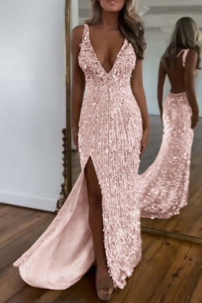Charming Gold Sequins Spaghetti Strap Sleeveless V Neck Long Prom Dress with Split | Zelldresses