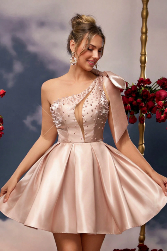 Trendy One Shoulder Sleeveless Homecoming Dress Mini with Bow CY0200