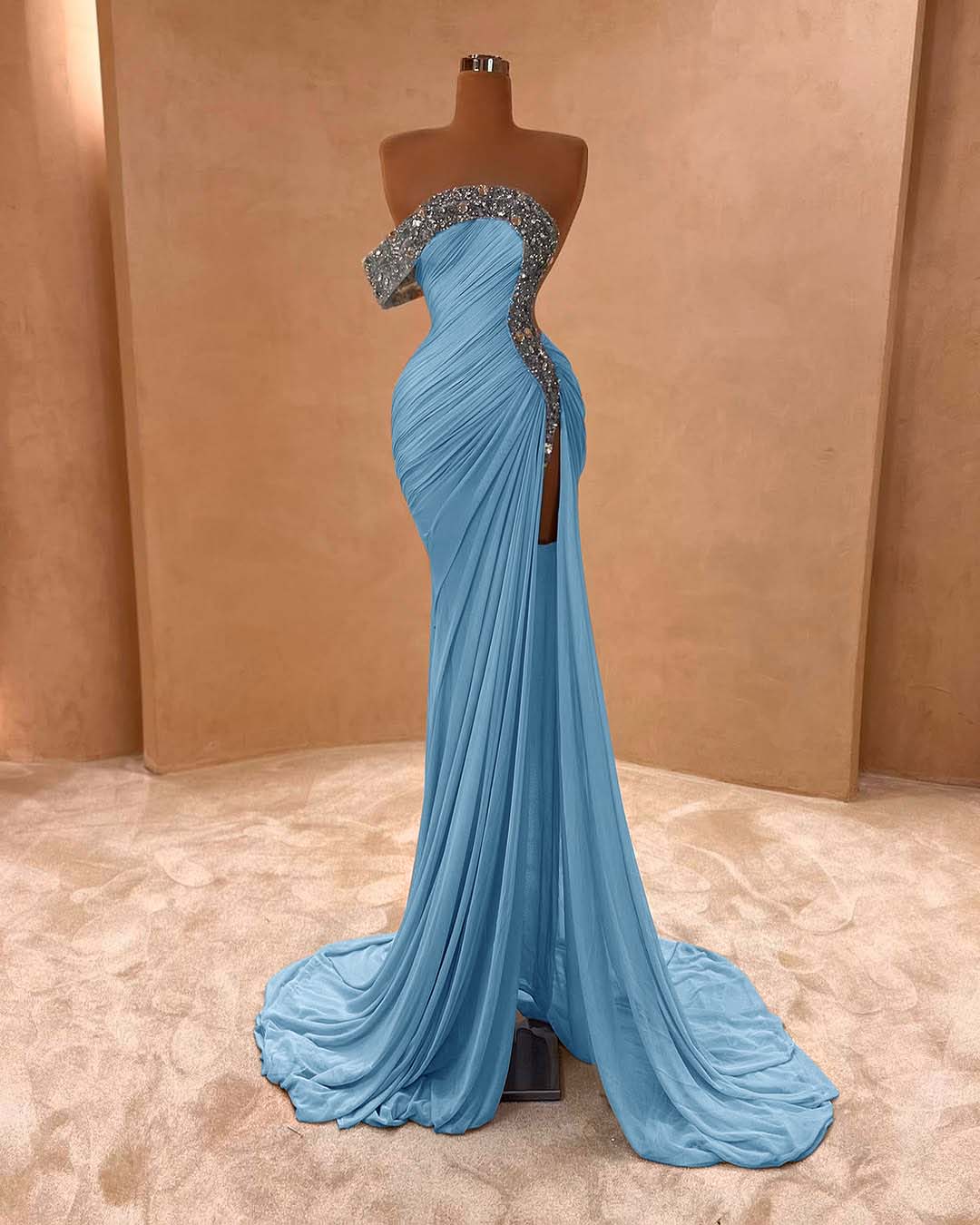 One Shoulder Sleeveless Long Split Prom Dress With Pleated Sequins ZC0079