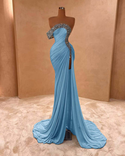 One Shoulder Sleeveless Long Split Prom Dress With Pleated Sequins ZC0079