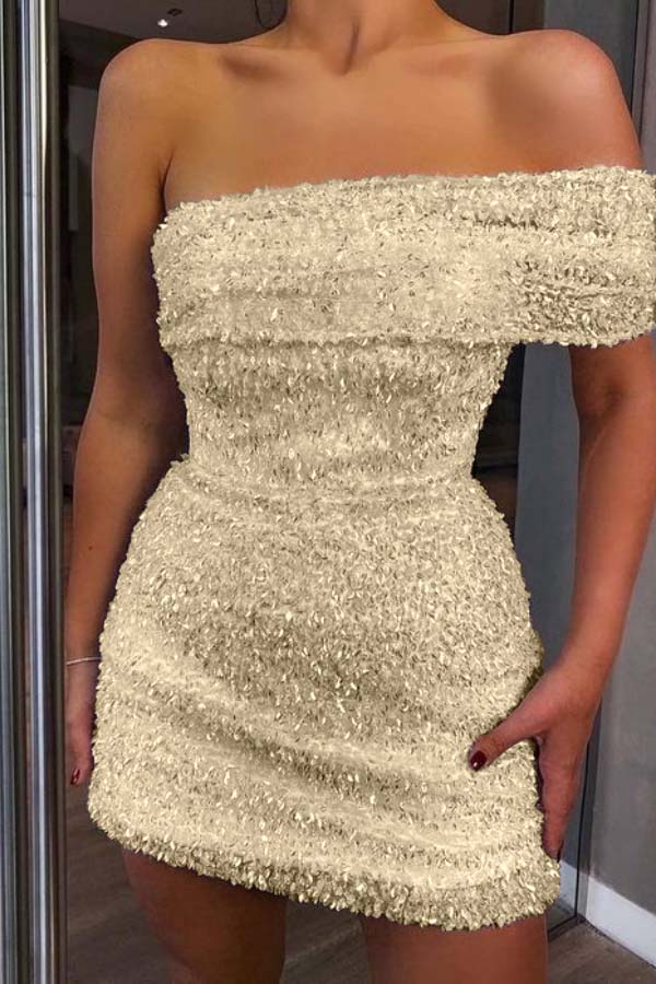 White Sequins One Shoulder Strapless Pleated Short Homecoming Dress with Beadings HC0016