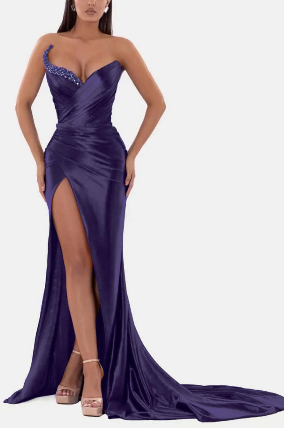 Royal Blue Prom Dress V Neck With High Slit Pleated Strapless Sleeveless YL0328