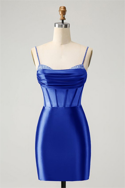 Hellodresses Royal Blue Spaghetti Strap Sleeveless Short Homecoming Dress With Beadings