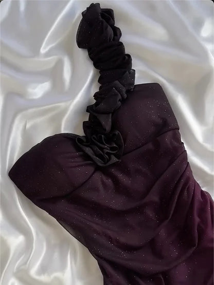 Grape Purple Ombre A Line One Shoulder Chiffon Long Party Dress Evening Dress SH2842