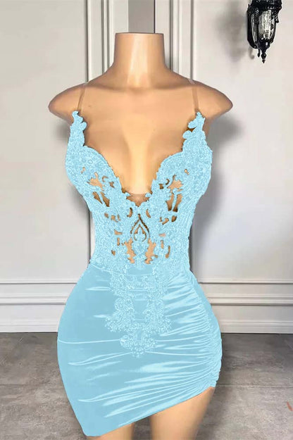 Hellodresses Black Spaghetti Strap Sleeveless Pleated Short Homecoming Dress With Appliques