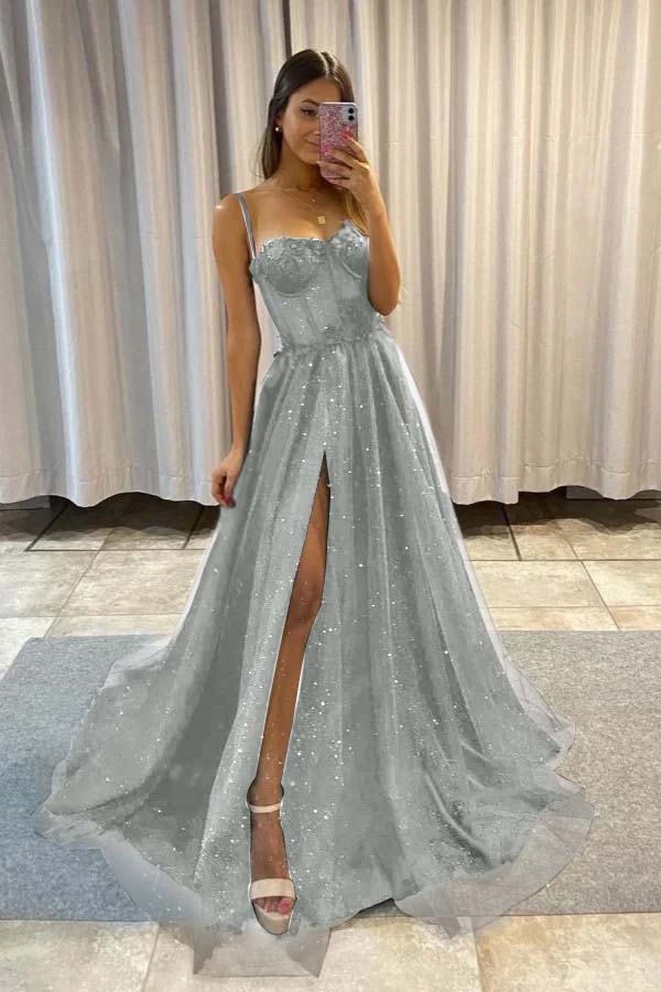 Spaghetti Strap Sleeveless Long Split Prom Dress With Sequins YC0151