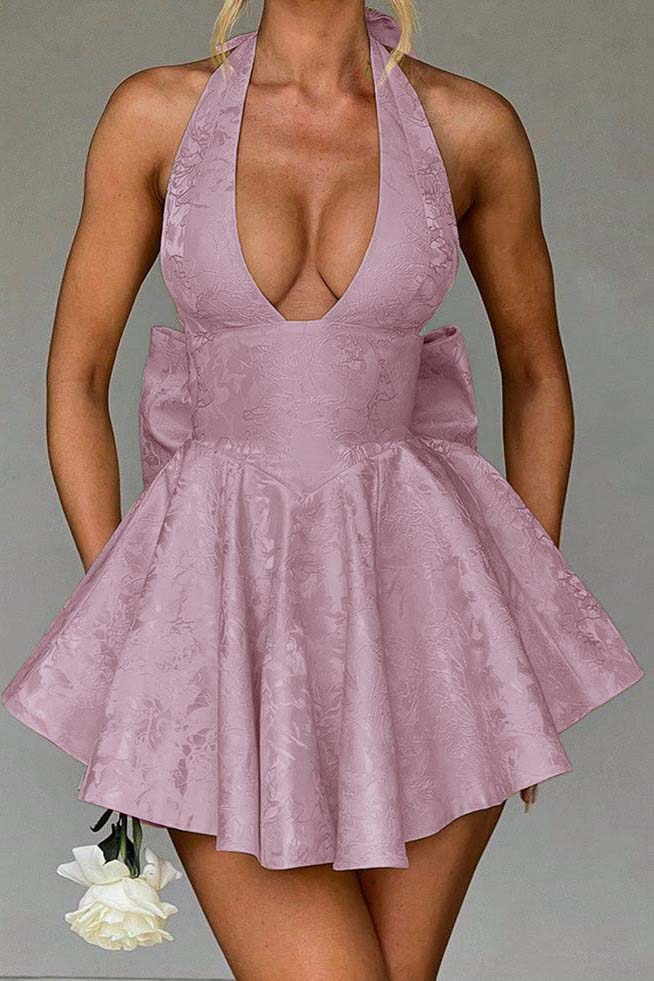 Halter Sleeveless Short Homecoming Dress With Bowknot Embroidery HC0168