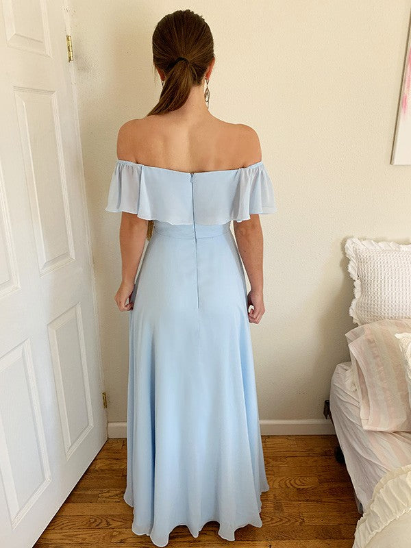 Off-the-Shoulder Sky Blue Prom Dress with Split PD0172