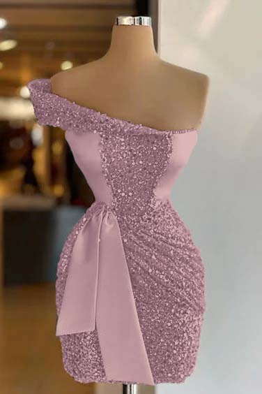 Hellodresses Sleeveless One Shoulder Short Sequins Homecoming Dress Pleated With Belt