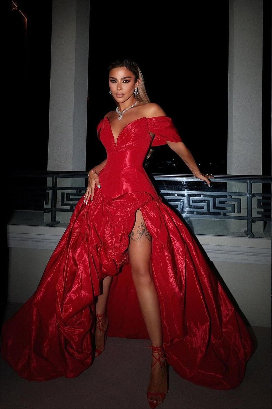 Hellodresses Chic Red Off the Shoulder V Neck A Line Long Split Prom Dress With Ruffles