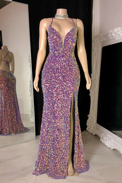 Amazing Spaghetti Straps Slit Sequins Evening Dress With Necklace | Hellodresses