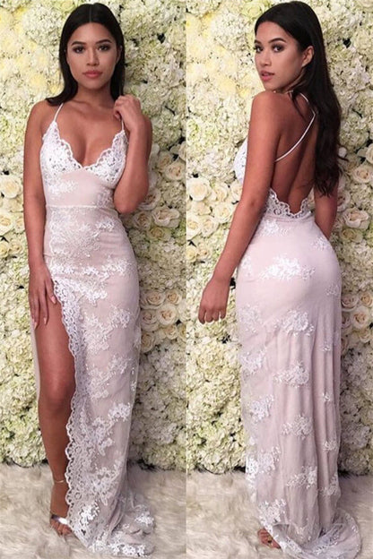 Chic Spaghetti-Straps Backless Deep V Neck Split Prom Dress With Lace | Zelldresses