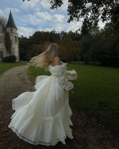 Princess A Line Long Sleeve Tiered Ivory Satin Long Party Dress Evening Dress SH2860