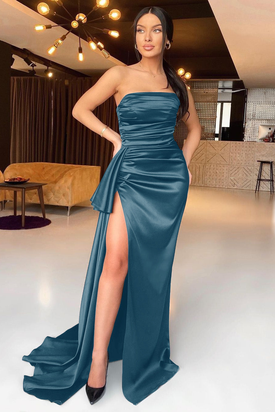 Black Satin Strapless Sleeveless Pleated Mermaid Split Prom Dress With Ruffles ED0086