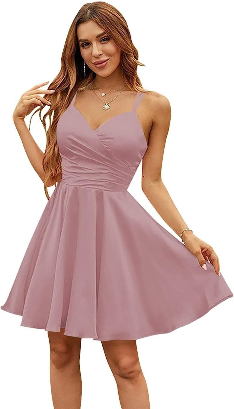 Pink Satin V Neck Spaghetti Strap Sleeveless Pleated Short Homecoming Dress YZTS072