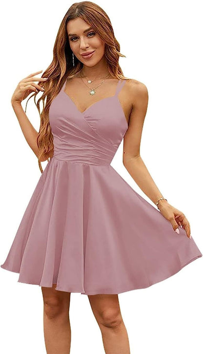 Pink Satin V Neck Spaghetti Strap Sleeveless Pleated Short Homecoming Dress YZTS072