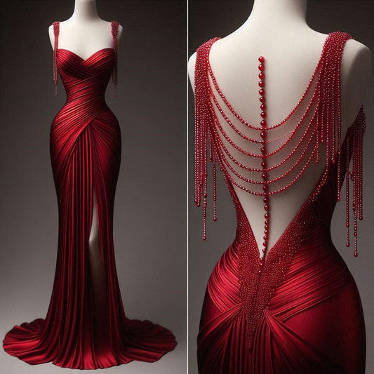 zelldressess-Red satin exquisite beaded sweetheart neckline sexy backless slit long satin prom dress evening dress birthday party dress gh5381