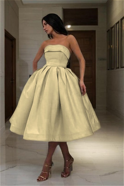 Charming Satin Strapless Sleeveless A Line Short Homecoming Dress with Pleated