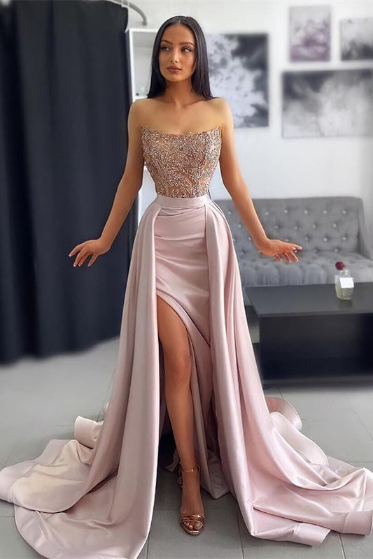 Chic Pink Prom Dress Off-the-Shoulder Sleeveless with Applique Pleated ED0565