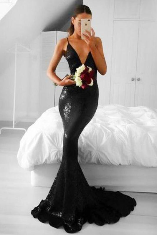 Black Sequins V-Neck Spaghetti Strap Sleeveless Long Mermaid Prom Dress PD0158